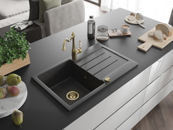 Mexen Bruno granite sink 1-bowl with drainer and Carla kitchen tap, speckled black - 6513-76-670700-50