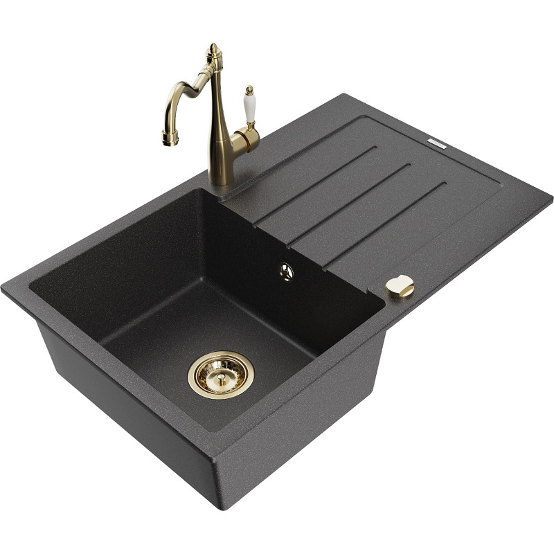 Mexen Bruno granite kitchen sink 1-bowl with drainer and kitchen faucet Carla, black speckled - 6513-76-670700-50