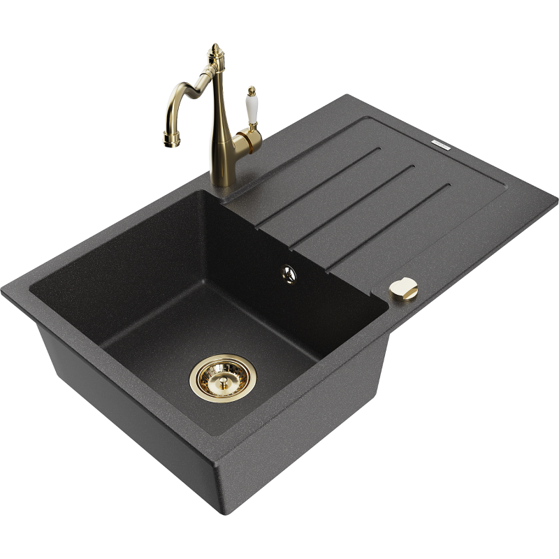 Mexen Bruno granite sink 1-bowl with drainer and Carla kitchen tap, speckled black - 6513-76-670700-50