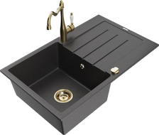 Mexen Bruno granite sink 1-bowl with drainer and Carla kitchen tap, speckled black - 6513-76-670700-50