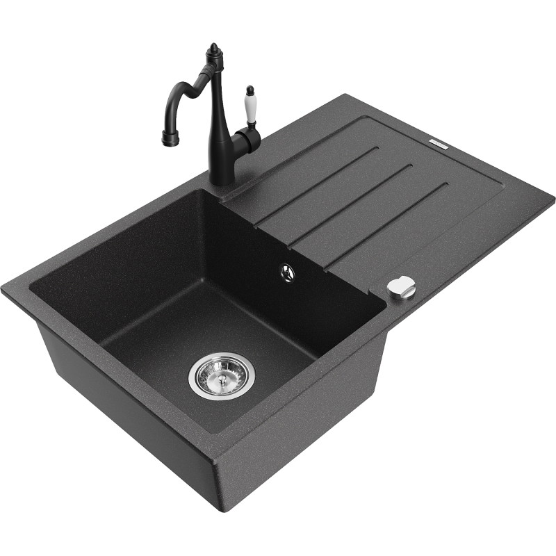 Mexen Bruno granite kitchen sink 1-bowl with drainer and Carla kitchen faucet, speckled black - 6513-76-670700-70