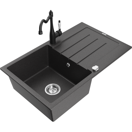 Mexen Bruno granite single-bowl sink with drainer and kitchen faucet Carla, speckled black - 6513-76-670700-70
