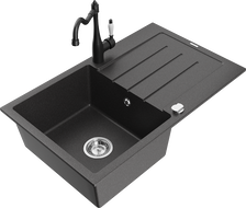 Mexen Bruno granite sink 1-bowl with drainer and Carla kitchen tap, black speckled - 6513-76-670700-70