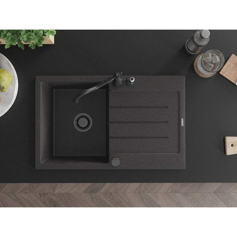 Mexen Bruno granite sink single-bowl with drainer and Carla kitchen tap, black speckled - 6513-76-670700-70-B