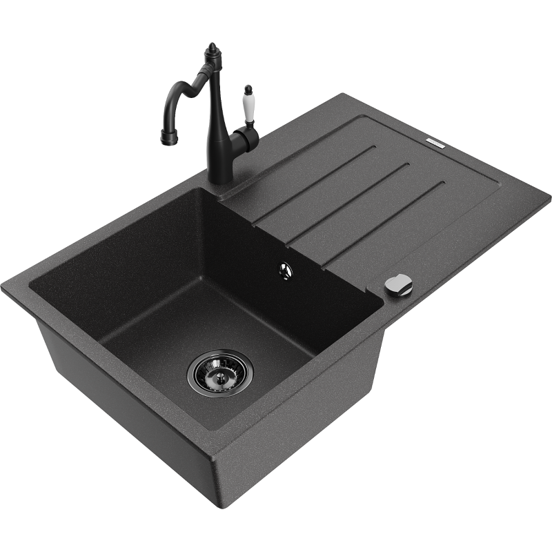 Mexen Bruno 1-compartment granite sink with a drip tray and kitchen mixer tap Carla, spotted black - 6513-76-670700-70-B