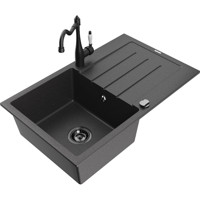 Mexen Bruno granite sink 1-bowl with drainer and kitchen faucet Carla, black speckled - 6513-76-670700-70-B