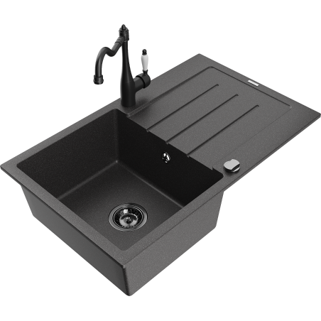 Mexen Bruno granite sink 1-bowl with drainer and kitchen faucet Carla, black speckled - 6513-76-670700-70-B