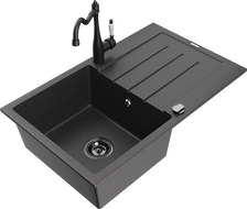 Mexen Bruno granite sink single-bowl with drainer and Carla kitchen tap, black speckled - 6513-76-670700-70-B