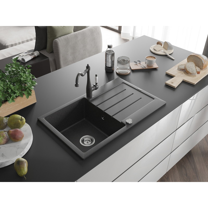 Mexen Bruno 1-bowl granite sink with drainer and Carla kitchen faucet, black speckled - 6513-76-670700-76