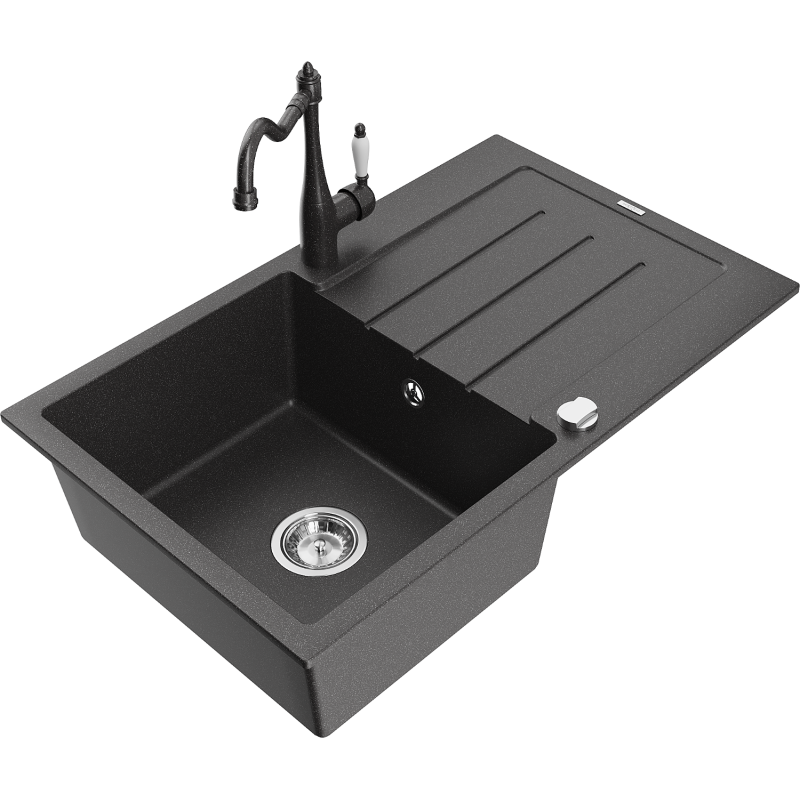 Mexen Bruno 1-compartment granite sink with a drip tray and kitchen mixer tap Carla, spotted black - 6513-76-670700-76