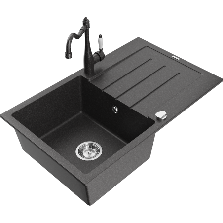 Mexen Bruno 1-bowl granite sink with drainer and Carla kitchen faucet, black speckled - 6513-76-670700-76