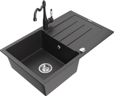 Mexen Bruno 1-bowl granite sink with drainer and Carla kitchen faucet, black speckled - 6513-76-670700-76