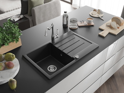 Mexen Bruno granite sink 1-bowl with drainer and Carla kitchen tap, black - 6513-77-670700-00