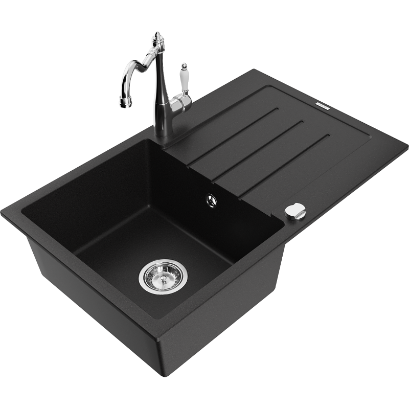 Mexen Bruno 1-compartment granite sink with a drip tray and kitchen mixer tap Carla, Black - 6513-77-670700-00
