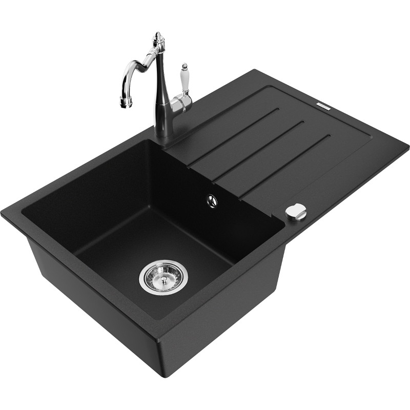 Mexen Bruno granite kitchen sink 1-chamber with drainer and kitchen faucet Carla, black - 6513-77-670700-00