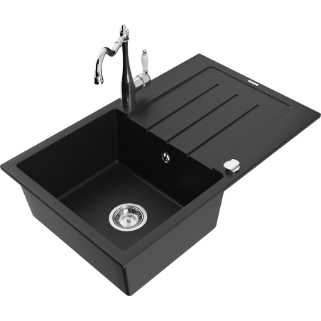 Mexen Bruno granite kitchen sink with 1-bowl, drainer, and kitchen faucet Carla, black - 6513-77-670700-00