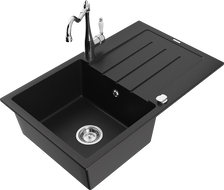 Mexen Bruno granite sink 1-bowl with drainer and Carla kitchen tap, black - 6513-77-670700-00