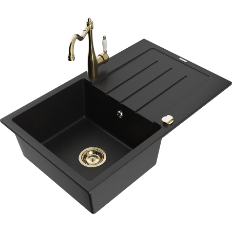 Mexen Bruno 1-compartment granite sink with a drip tray and kitchen mixer tap Carla, Black - 6513-77-670700-50