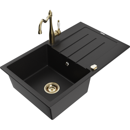 Mexen Bruno granite kitchen sink 1-bowl with drainer and kitchen faucet Carla, black - 6513-77-670700-50