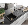 Mexen Bruno granite kitchen sink 1-bowl with drainer and Carla kitchen faucet, black - 6513-77-670700-50