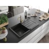 Mexen Bruno 1-bowl granite sink with drainer and Carla kitchen tap, black - 6513-77-670700-50-B