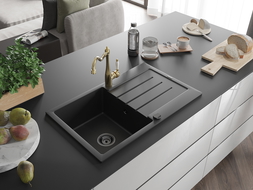 Mexen Bruno 1-compartment granite sink with a drip tray and kitchen mixer tap Carla, Black - 6513-77-670700-50-B