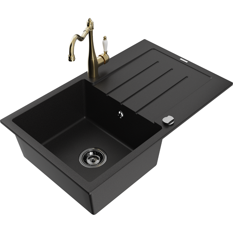 Mexen Bruno 1-bowl granite sink with drainer and Carla kitchen tap, black - 6513-77-670700-50-B