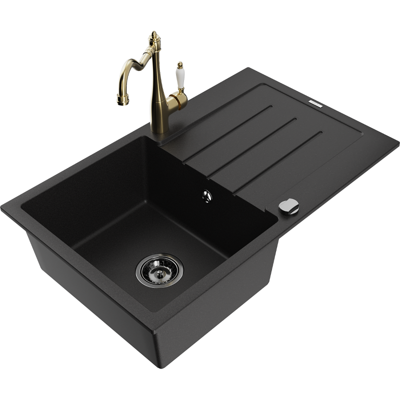Mexen Bruno 1-compartment granite sink with a drip tray and kitchen mixer tap Carla, Black - 6513-77-670700-50-B