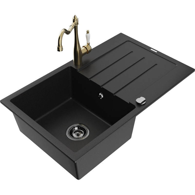 Mexen Bruno granite kitchen sink 1-bowl with drainer and kitchen faucet Carla, black - 6513-77-670700-50-B