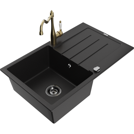 Mexen Bruno granite sink 1-bowl with drainer and kitchen faucet Carla, black - 6513-77-670700-50-B