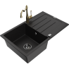 Mexen Bruno 1-bowl granite sink with drainer and Carla kitchen tap, black - 6513-77-670700-50-B