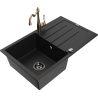 Mexen Bruno granite sink 1-bowl with drainer and kitchen faucet Carla, black - 6513-77-670700-50-B