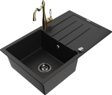 Mexen Bruno 1-bowl granite sink with drainer and Carla kitchen tap, black - 6513-77-670700-50-B