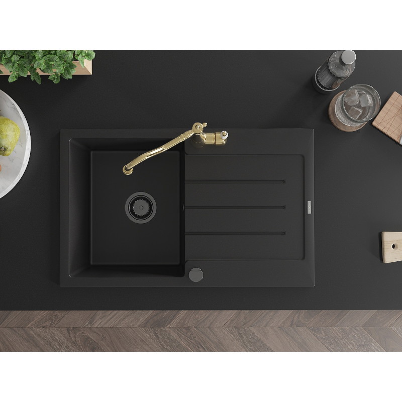 Mexen Bruno granite kitchen sink 1-bowl with drainer and kitchen faucet Carla, black - 6513-77-670700-50-B