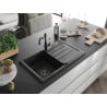 Mexen Bruno 1-bowl granite sink with drainer and Carla kitchen tap, black - 6513-77-670700-70-B