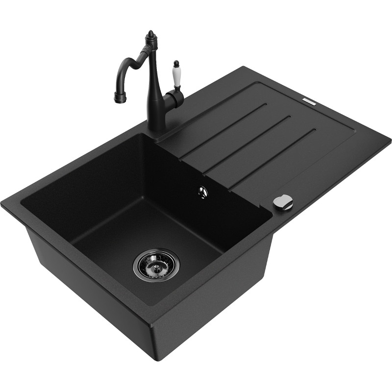 Mexen Bruno 1-bowl granite sink with drainer and kitchen faucet Carla, black - 6513-77-670700-70-B