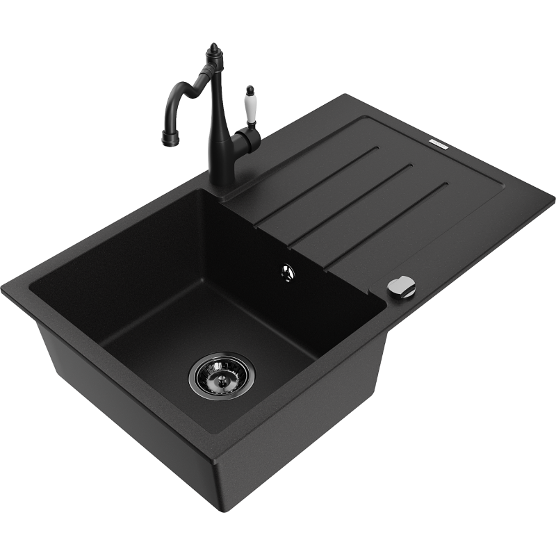 Mexen Bruno 1-compartment granite sink with a drip tray and kitchen mixer tap Carla, Black - 6513-77-670700-70-B