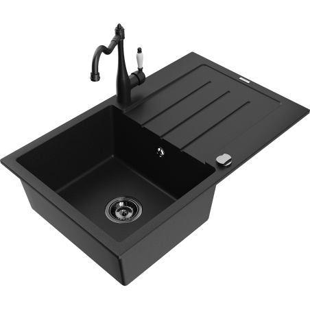 Mexen Bruno 1-compartment granite sink with a drip tray and kitchen mixer tap Carla, Black - 6513-77-670700-70-B