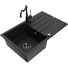 Mexen Bruno 1-bowl granite sink with drainer and Carla kitchen tap, black - 6513-77-670700-70-B