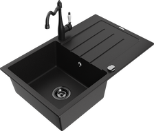 Mexen Bruno 1-bowl granite sink with drainer and Carla kitchen tap, black - 6513-77-670700-70-B