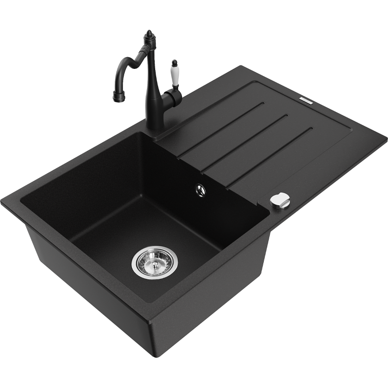 Mexen Bruno 1-compartment granite sink with a drip tray and kitchen mixer tap Carla, Black - 6513-77-670700-70