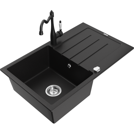 Mexen Bruno granite sink 1-bowl with drainer and Carla kitchen faucet, black - 6513-77-670700-70
