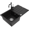 Mexen Bruno granite sink 1-bowl with drainer and Carla kitchen faucet, black - 6513-77-670700-70
