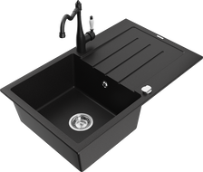 Mexen Bruno granite sink 1-bowl with drainer and Carla kitchen tap, black - 6513-77-670700-70