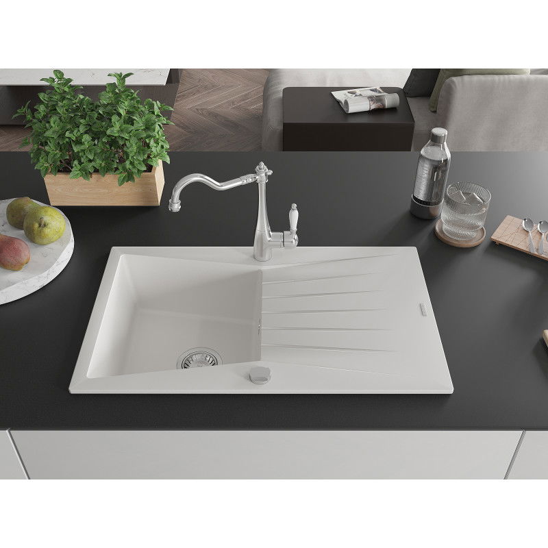 Mexen Cesar granite sink 1-bowl with drainer and kitchen tap Carla, white - 6514-20-670700-00