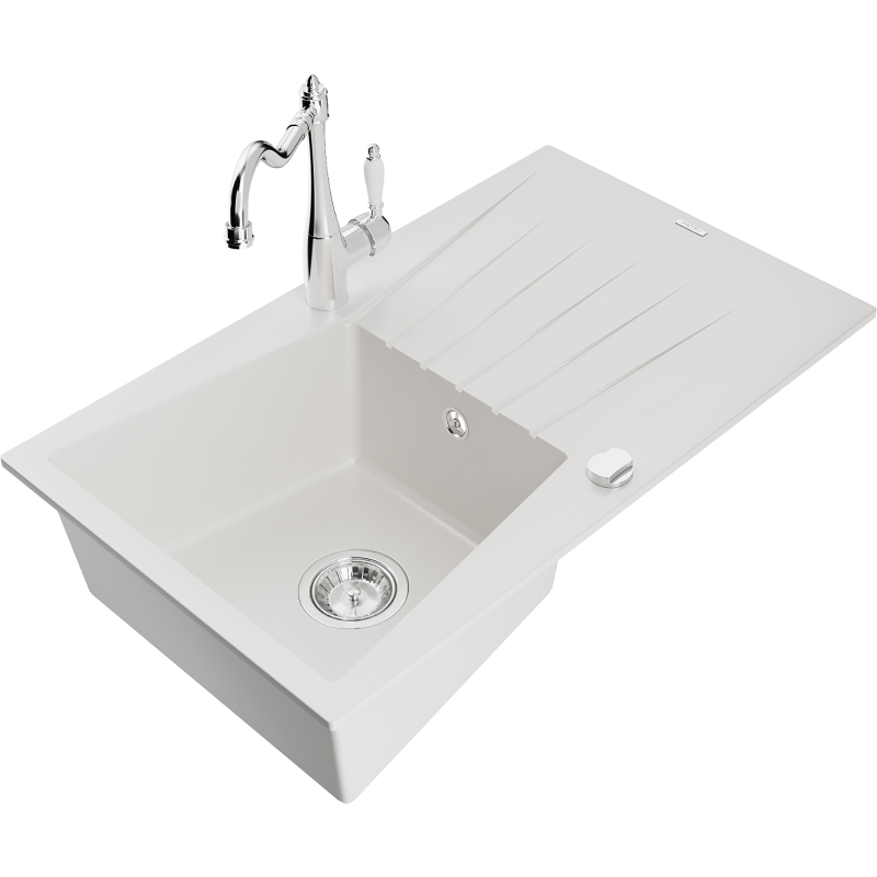 Mexen Cesar 1-compartment granite sink with a drip tray and kitchen mixer tap Carla, White - 6514-20-670700-00