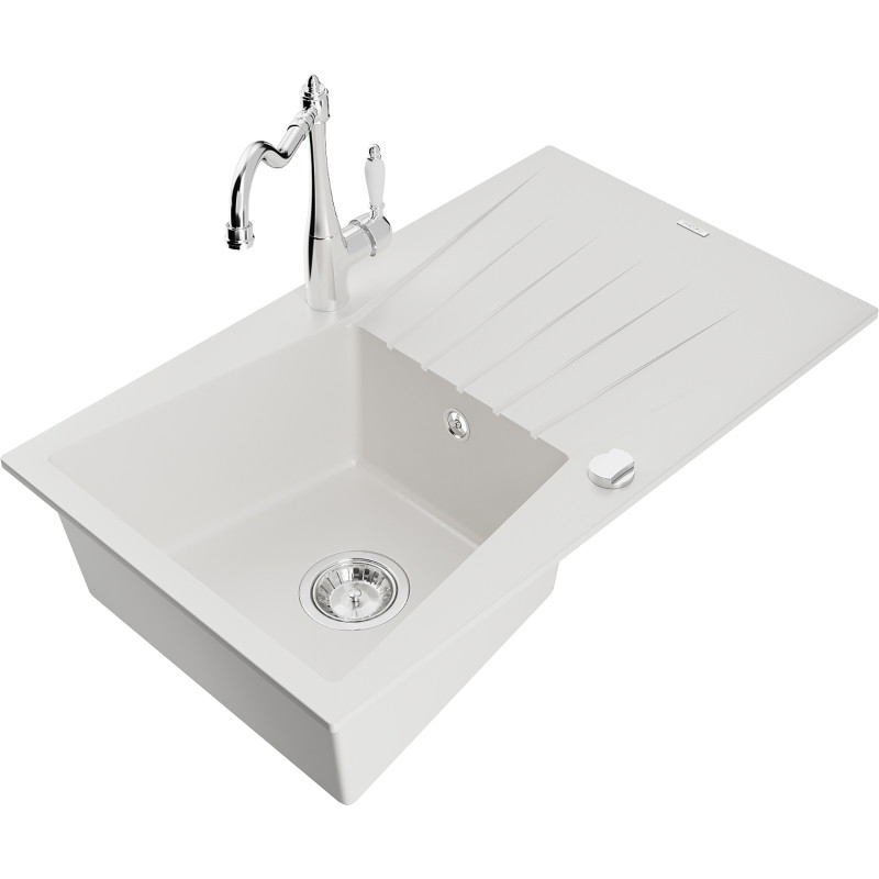 Mexen Cesar granite kitchen sink with one bowl, drainer, and kitchen faucet Carla, white - 6514-20-670700-00