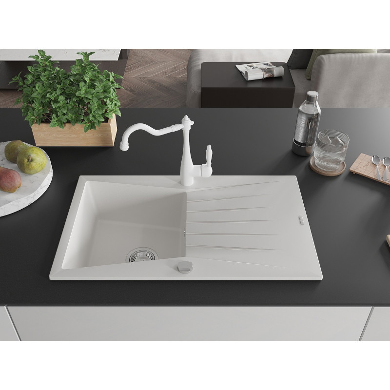 Mexen Cesar granite kitchen sink 1-bowl with drainer and kitchen faucet Carla, white - 6514-20-670700-20