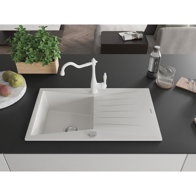 Mexen Cesar single bowl granite sink with drainer and Carla kitchen tap, white - 6514-20-670700-20