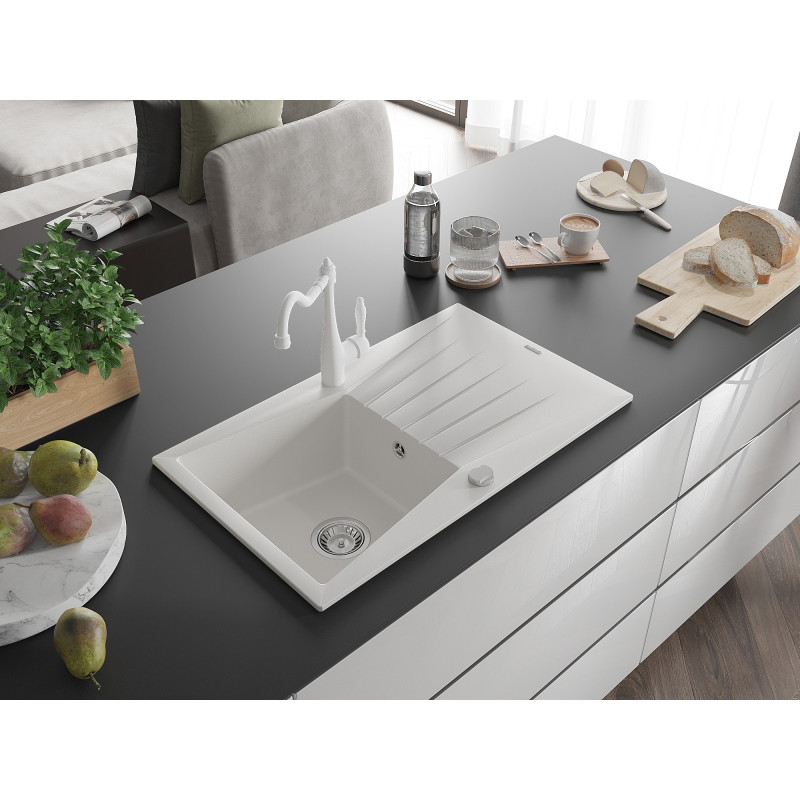 Mexen Cesar granite kitchen sink 1-bowl with drainer and kitchen faucet Carla, white - 6514-20-670700-20
